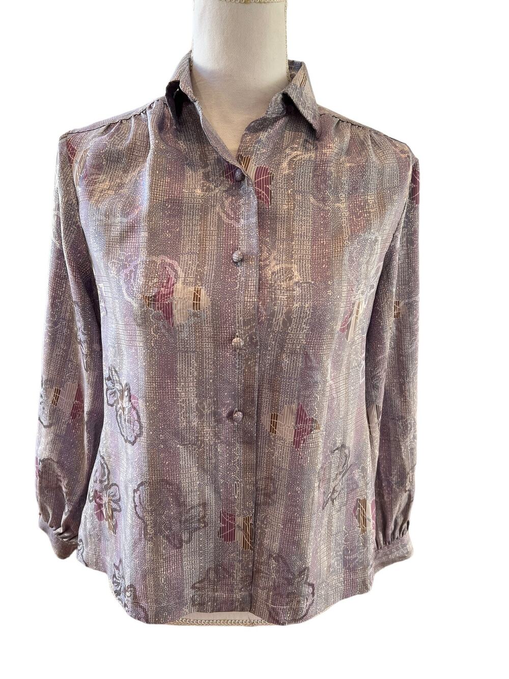Vintage 70s collared Satin Jacquard Print Top Lavender floral print